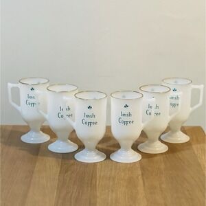 Vintage Federal Irish Coffee Pedestal Mugs Milk Glass Lucky Green Shamrock Set 6